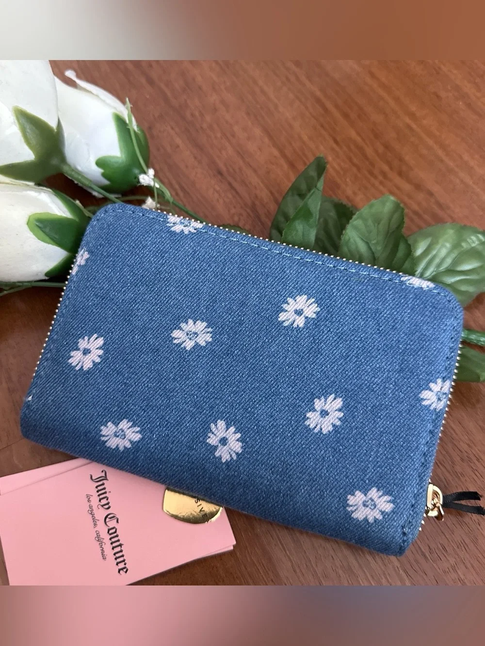 Juicy Couture Denim Blue Daisy Zip-Around Wallet with Pink Logo
